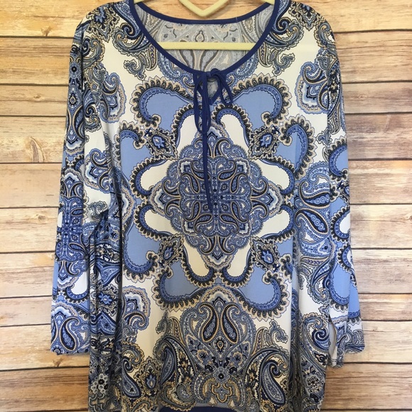 Tops - Retro funky blue long sleeve blouse. 1X or XL